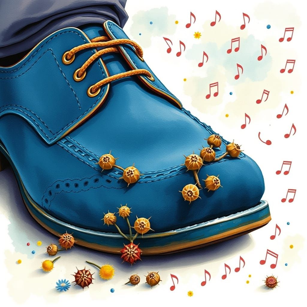 Suede Velskoen Shoe Adorned with Burrs and Whimsical Musical...