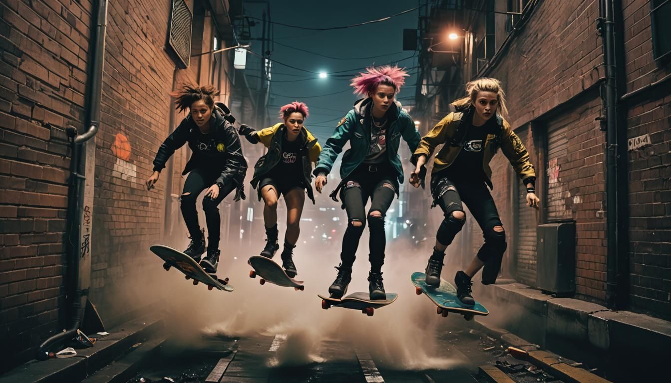 Cyberpunk Tomboys Racing Through Futuristic Alley