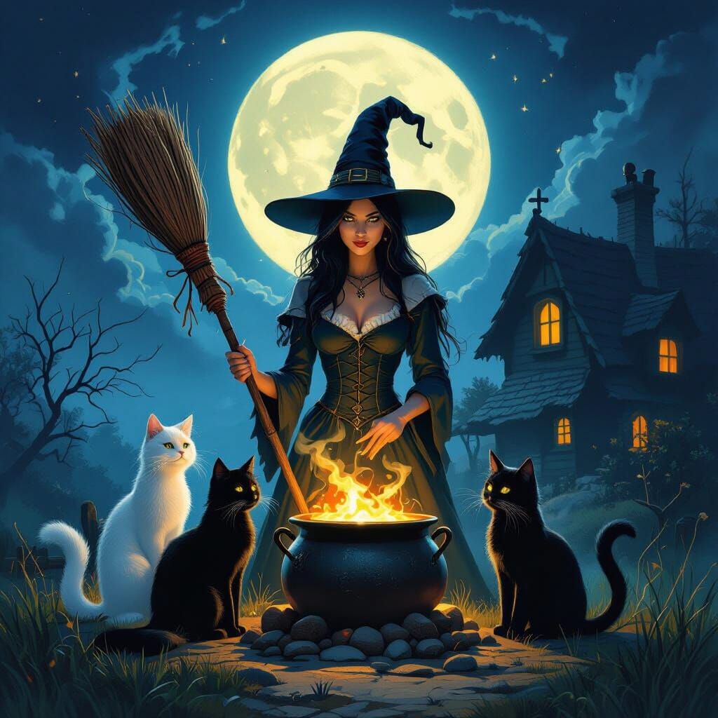 Witch With Cats and Broom by Full Moon