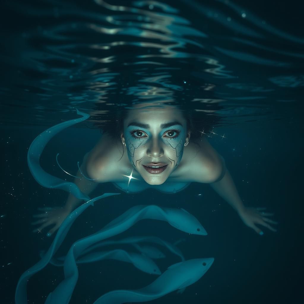 Nebula Double Exposure: Woman Swimming with Eels