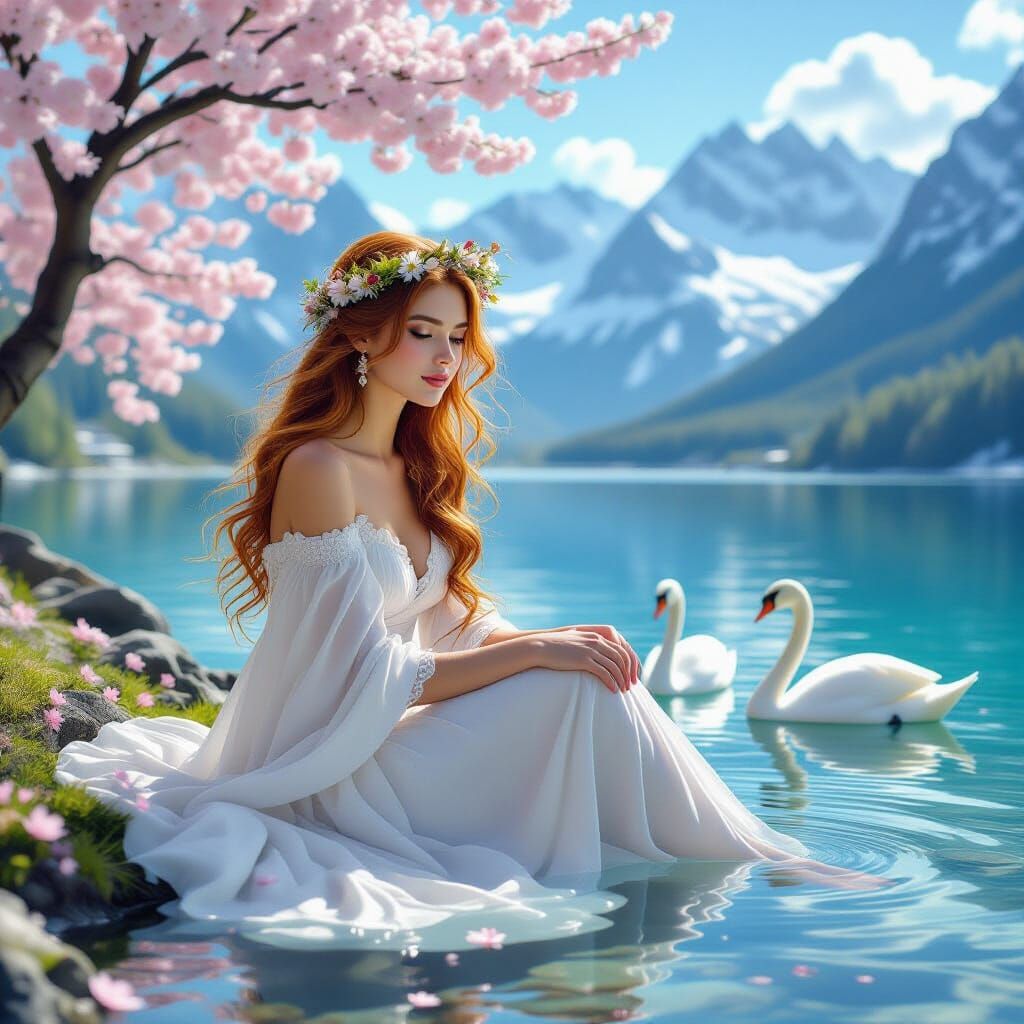 Woman with Wildflower Crown by Mountain Lake in Digital Art