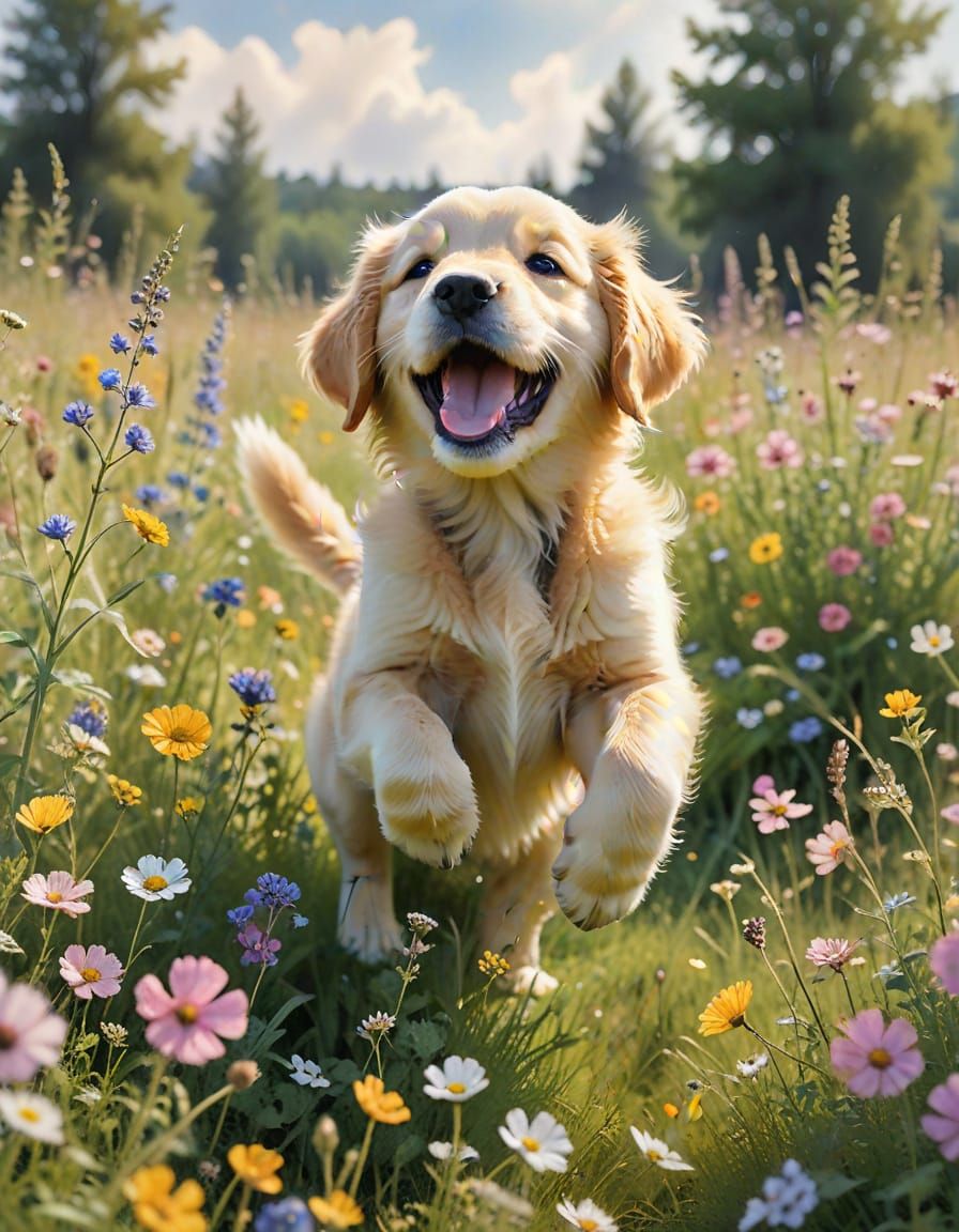 Puppy's Playful Frolic in Watercolor Meadow