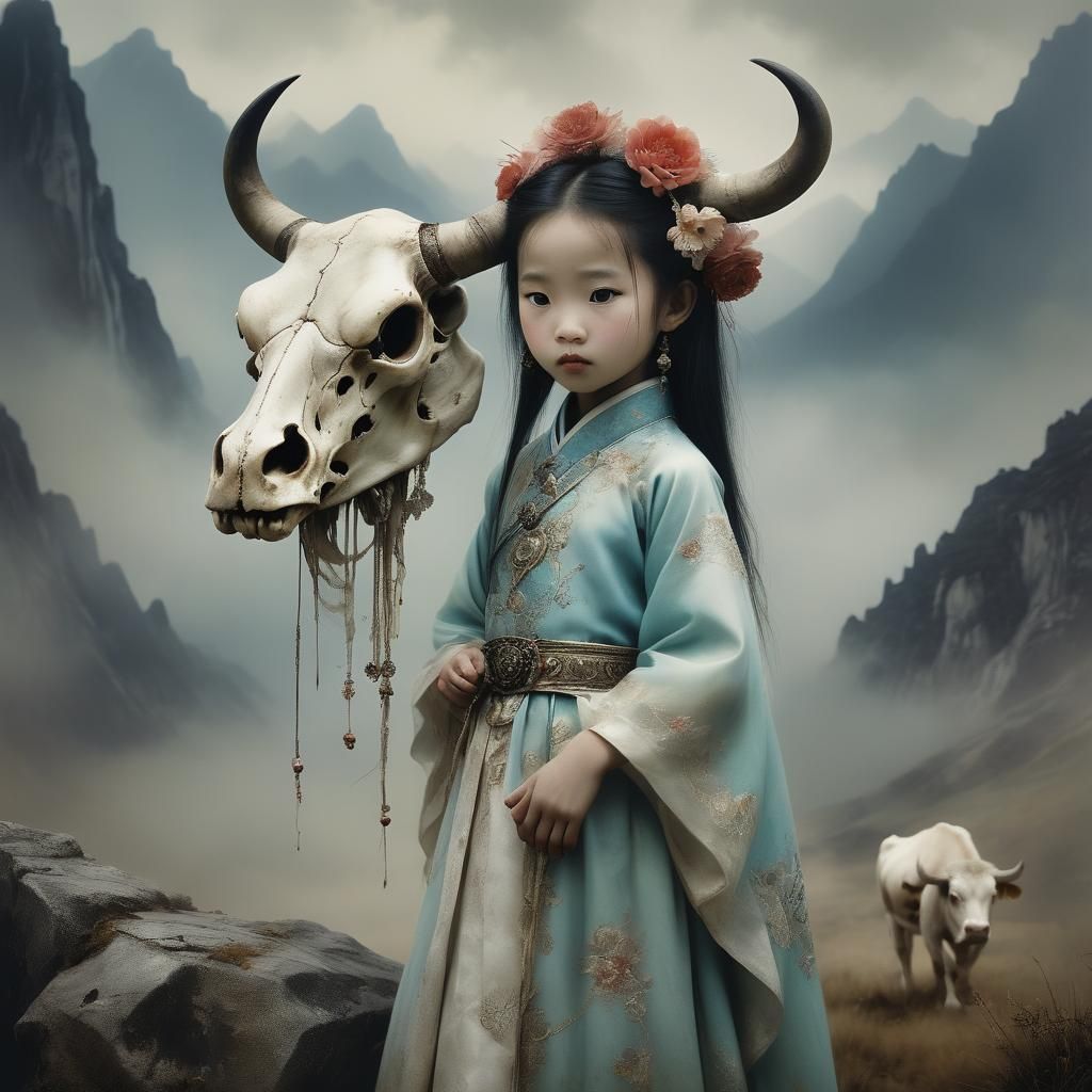 Chinese Girl in Cow Skull Headdress, Vintage Photo