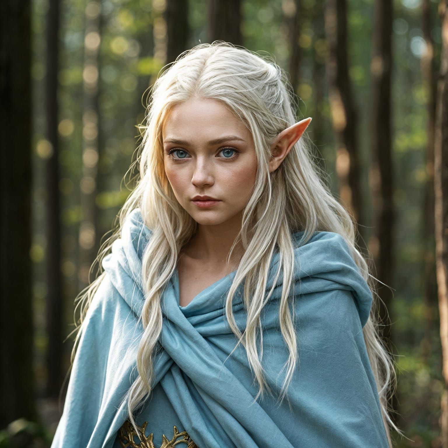 Tall, blond, young, high elf wearing an ice-blue cloak, standing in a forest