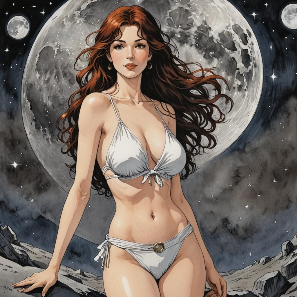 Nude Woman on the Moon in Comic Book Style