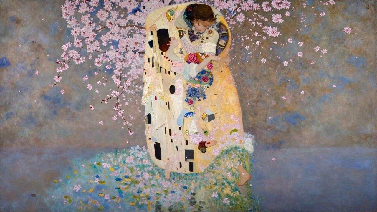 Couple Dancing on Water Amidst Cherry Blossom Storm