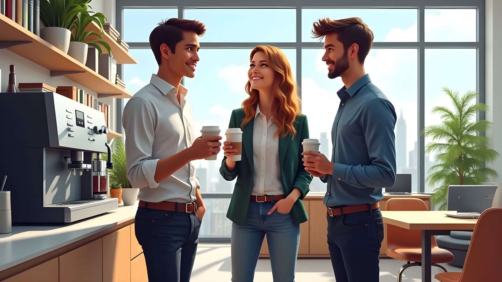 Diverse Coworkers in a Bright Office Break Area