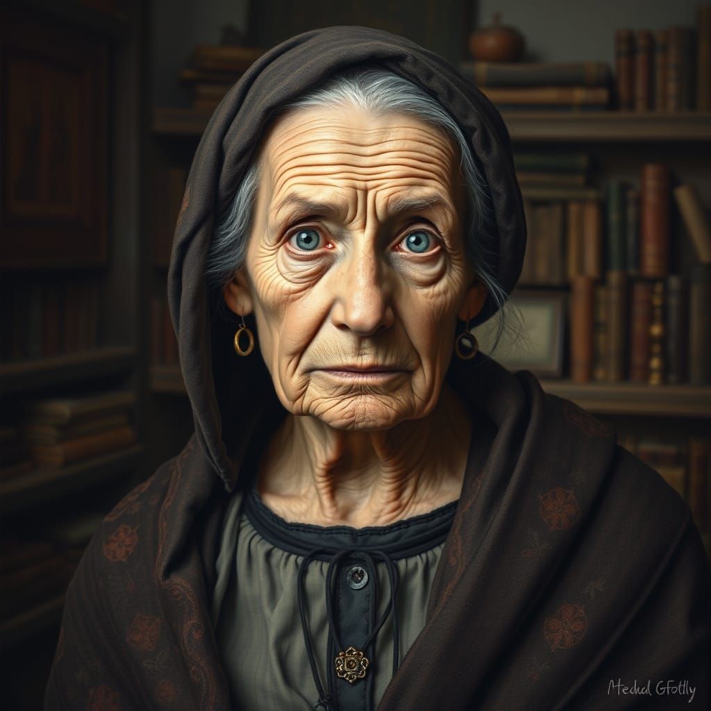 Wise Old Woman Portrait in Hyperrealistic Style