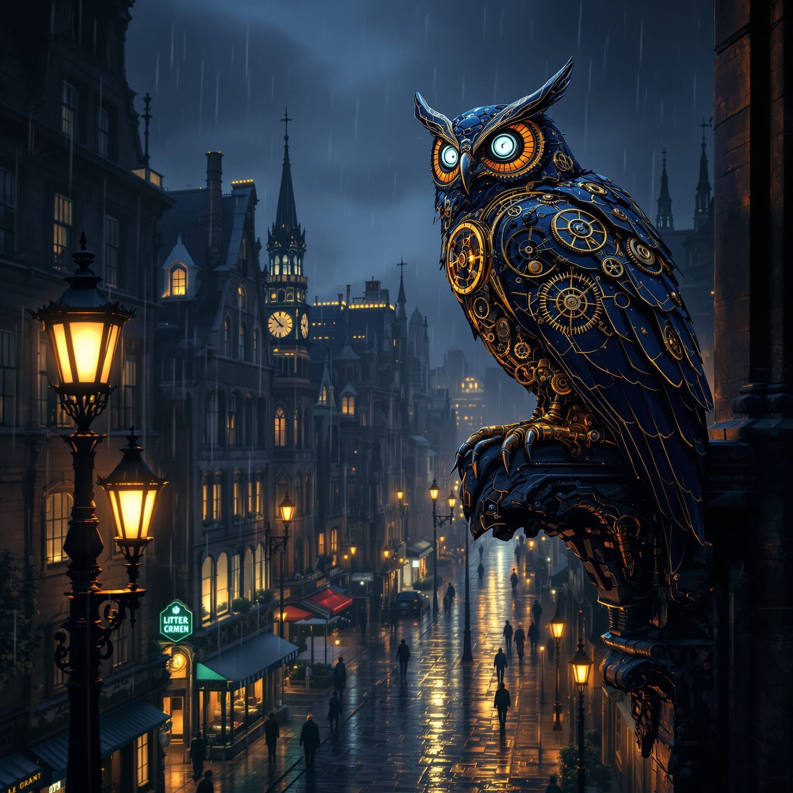 Clockwork Owl Over Victorian Cityscape At Dusk