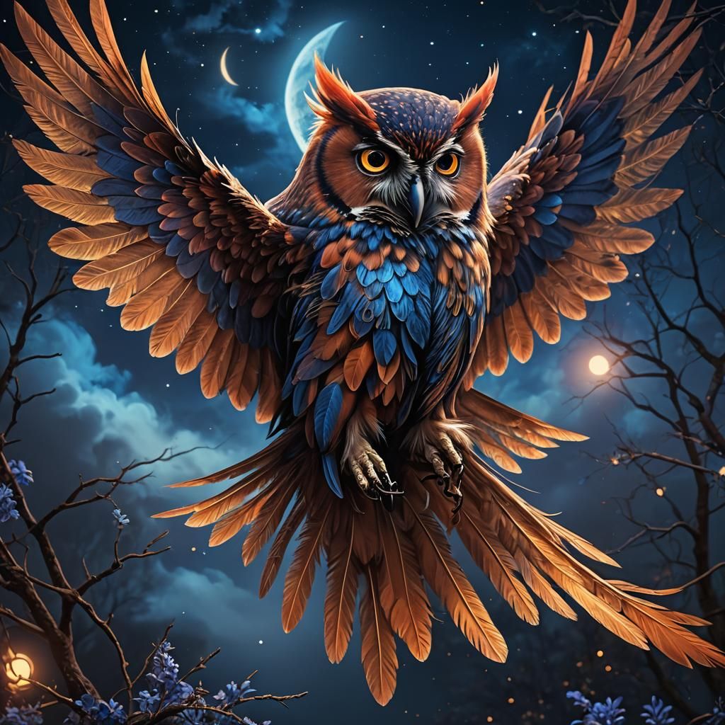 Cardinal-Owl Hybrid Soaring in Moonlit Night: Fantasy Art