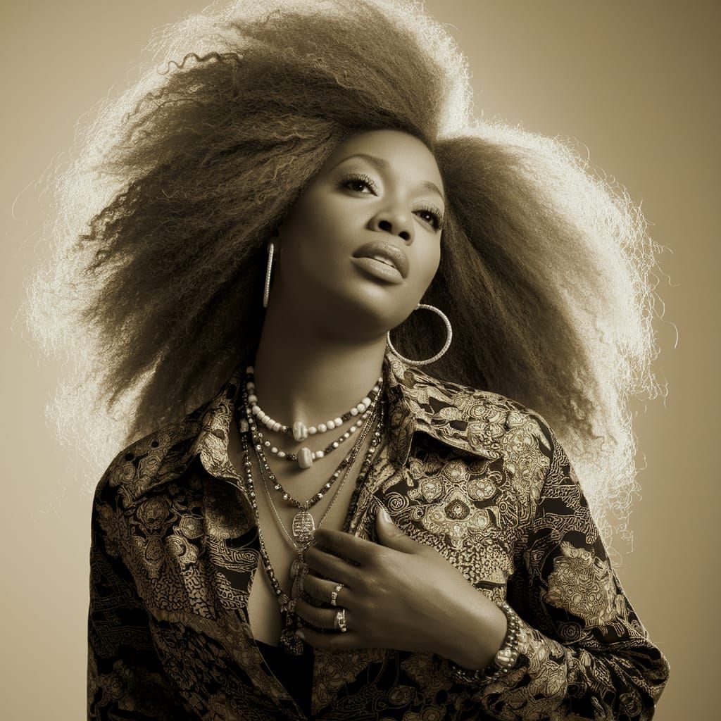 Elegant Portrait with Voluminous Hair and Sepia Tone