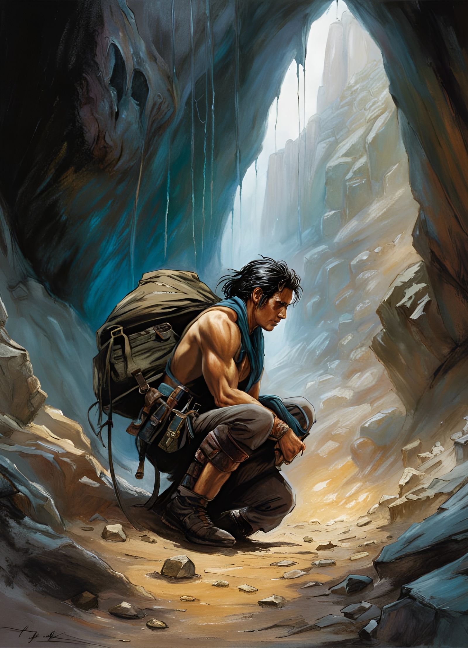 Wounded Adventurer with Loot: Dark Fantasy Digital Art