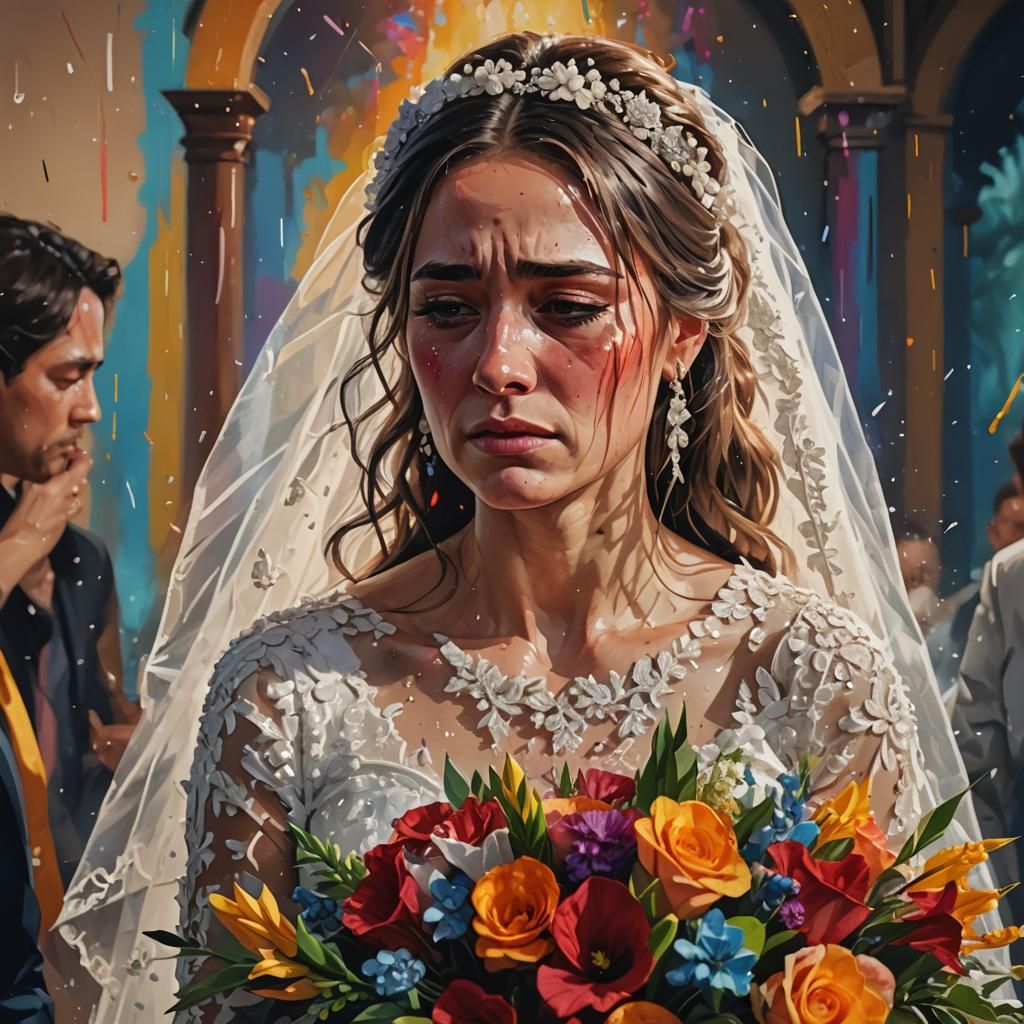 Crying Bride Left at Altar: Hyperrealistic Splash Art
