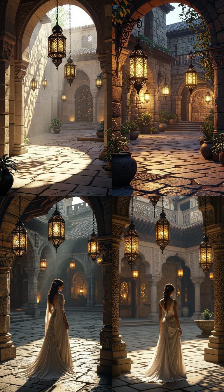 Ornate Lanterns Light Ancient Stone Courtyard