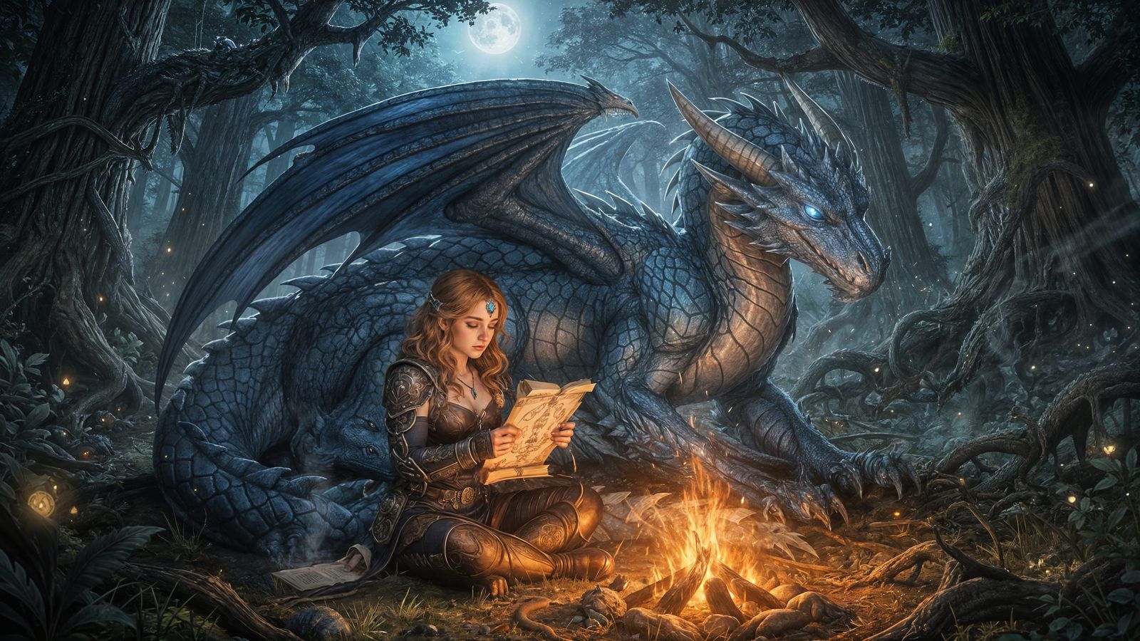 Blue Dragon Protects Woman by Campfire in Ancient Forest