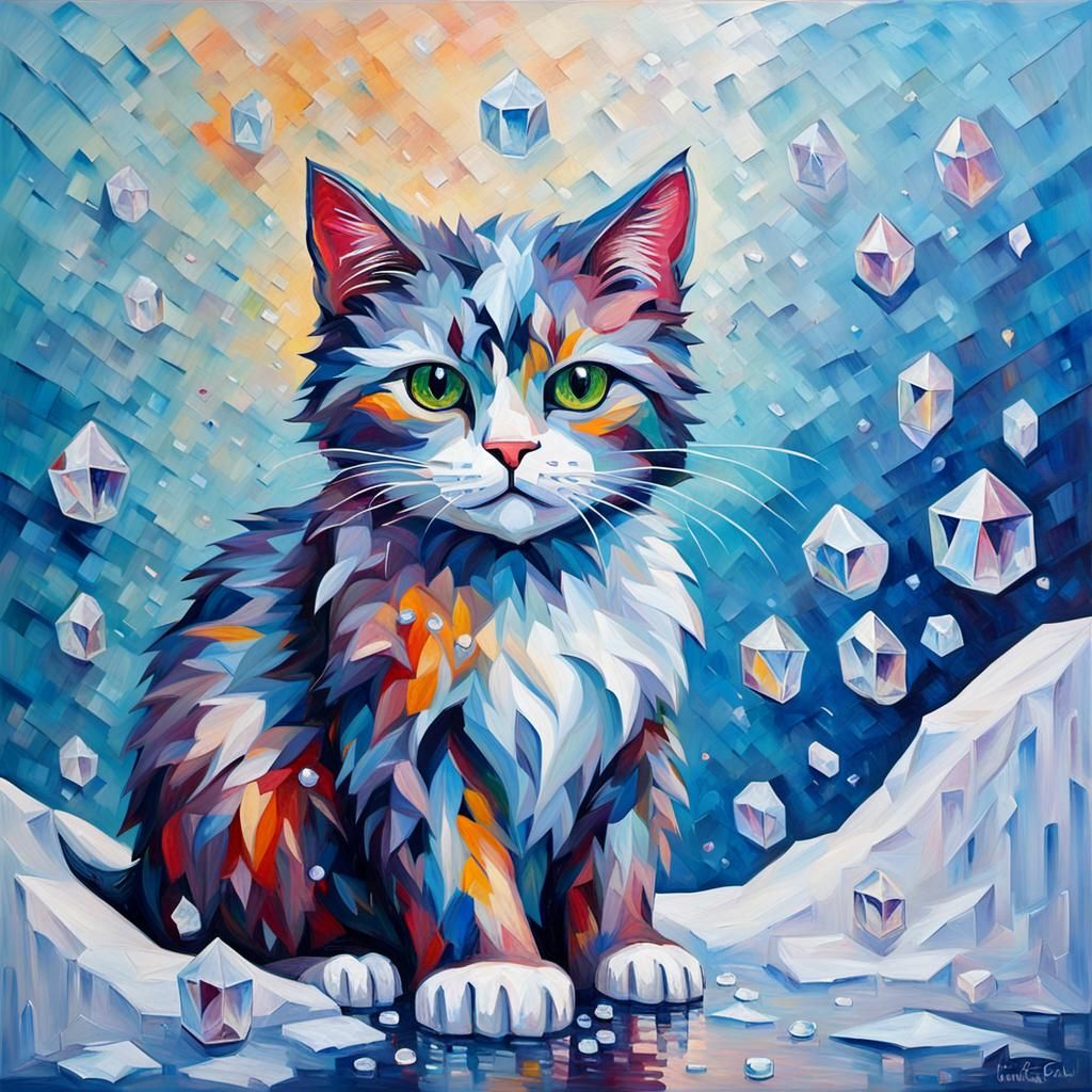 Crystalline Ice Cat: Expressionist Oil Painting