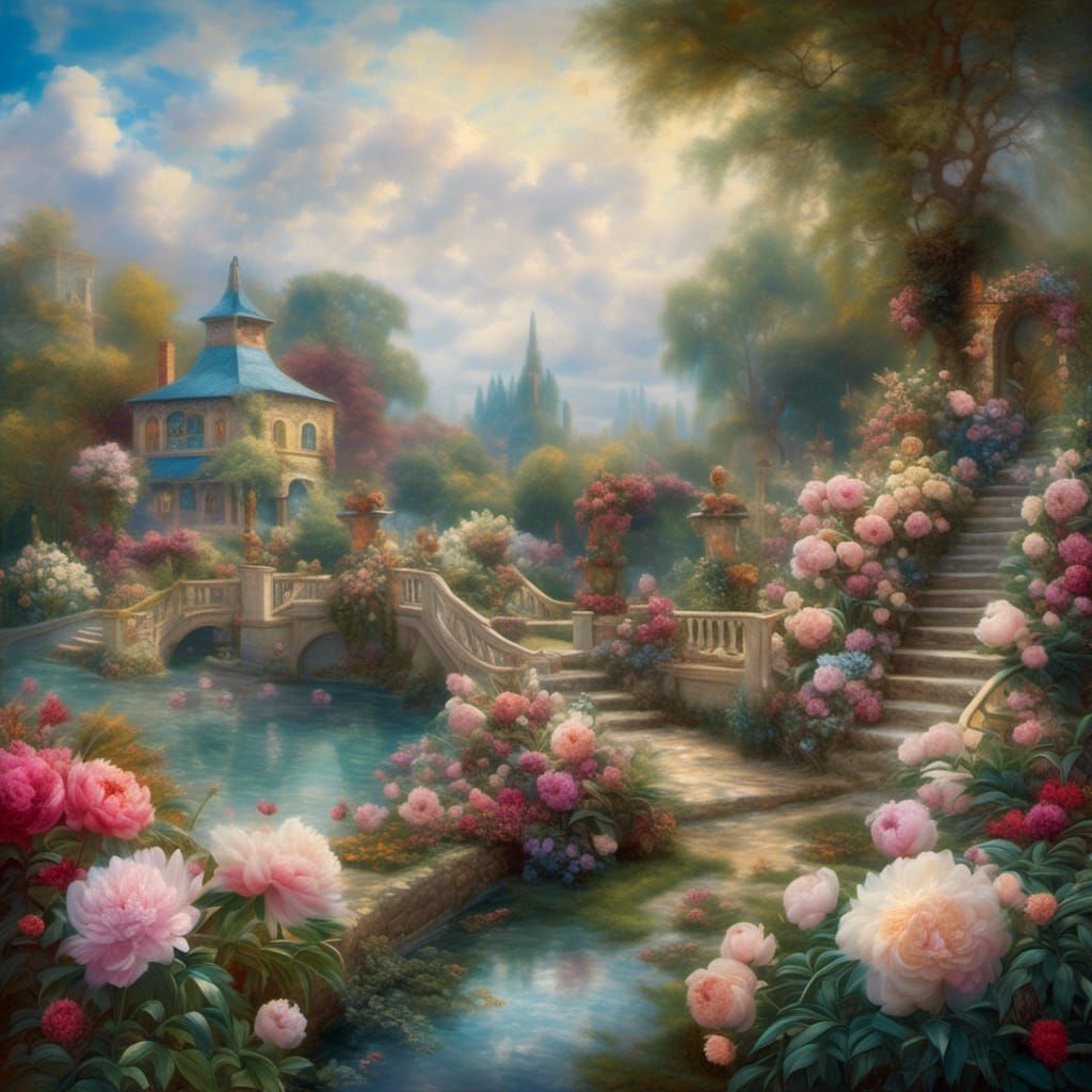 Hyperrealistic Peony Garden Creek in Renoir Style