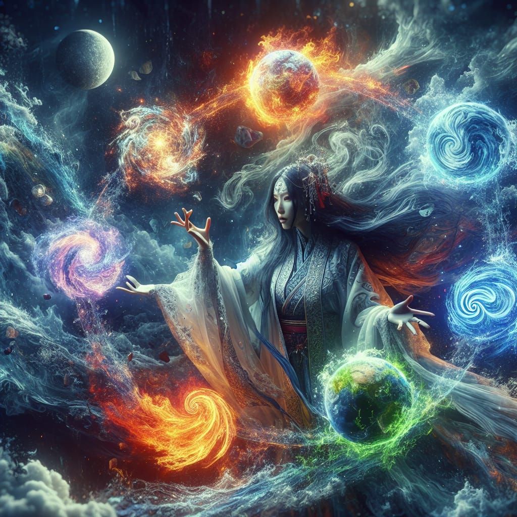 East Asian Wizard Summoning the Elements as Digital Painting