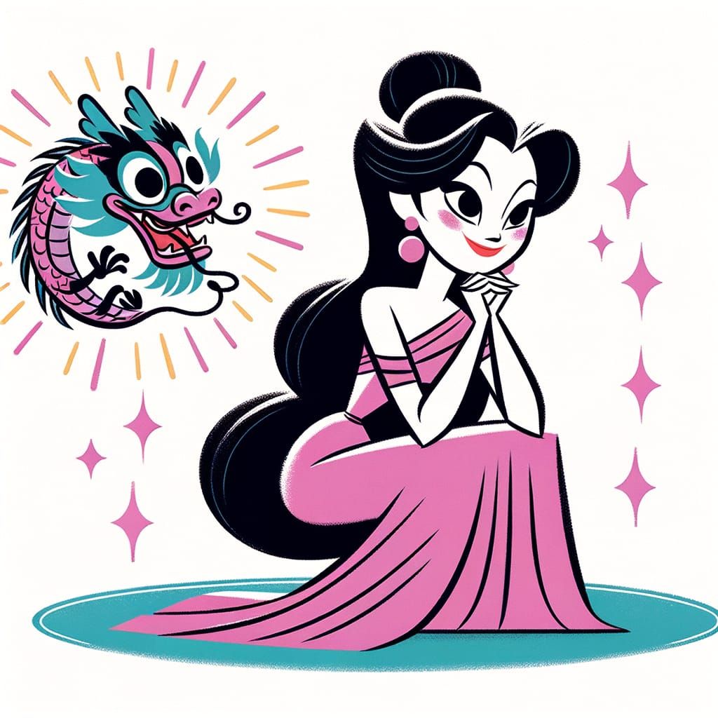 Elegant Woman and Pink Dragon in Hanna-Barbera Style