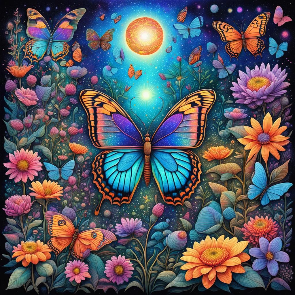 a butterfly garden at dawn 8k resolution holographic astral cosmic illustration mixed media by Pablo Amaringo