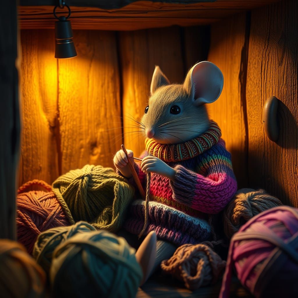 Mouse Knitting Sweater in Whimsical Rustic Setting