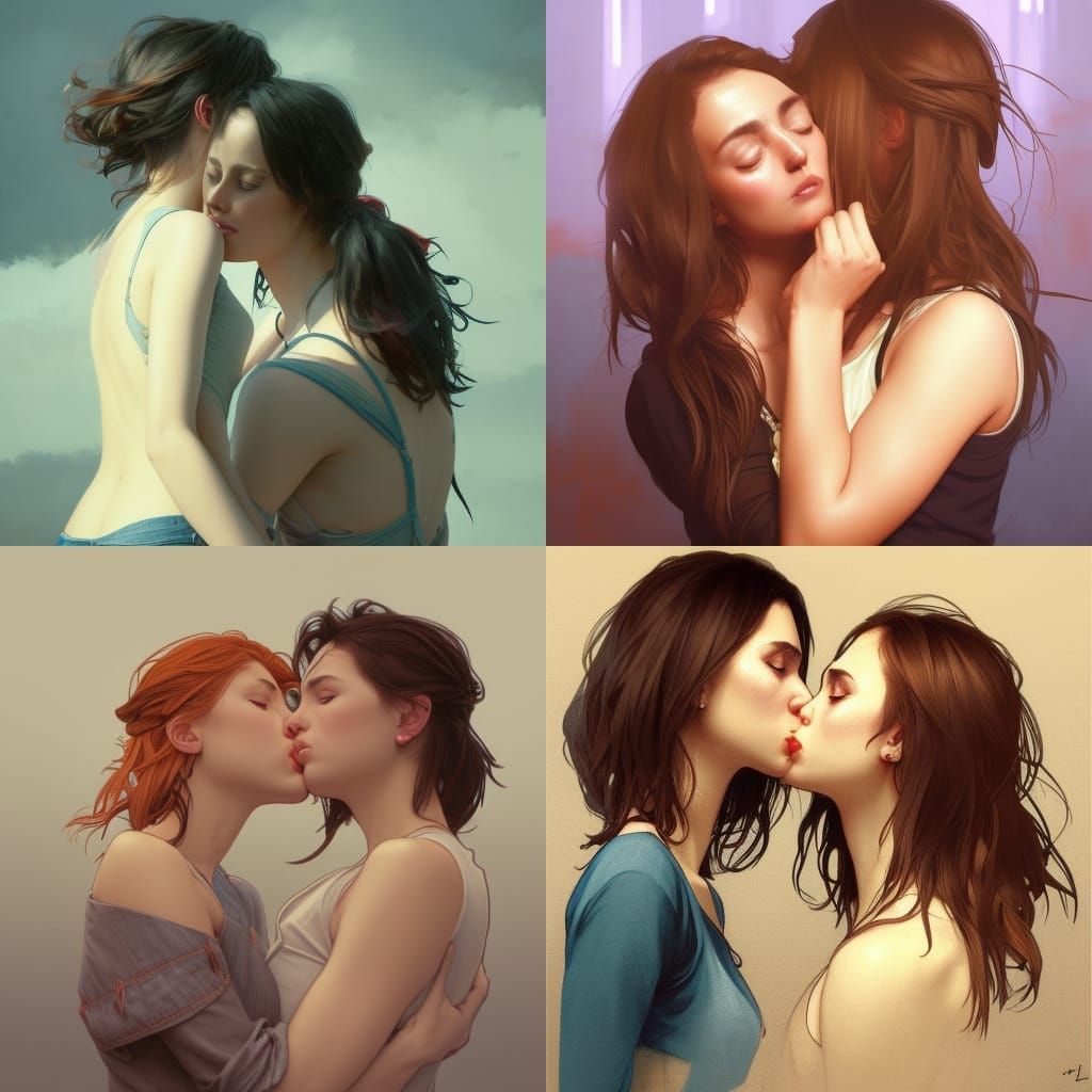 Lesbians Kissing: Hyperdetailed Portrait in Digital Art Styl...
