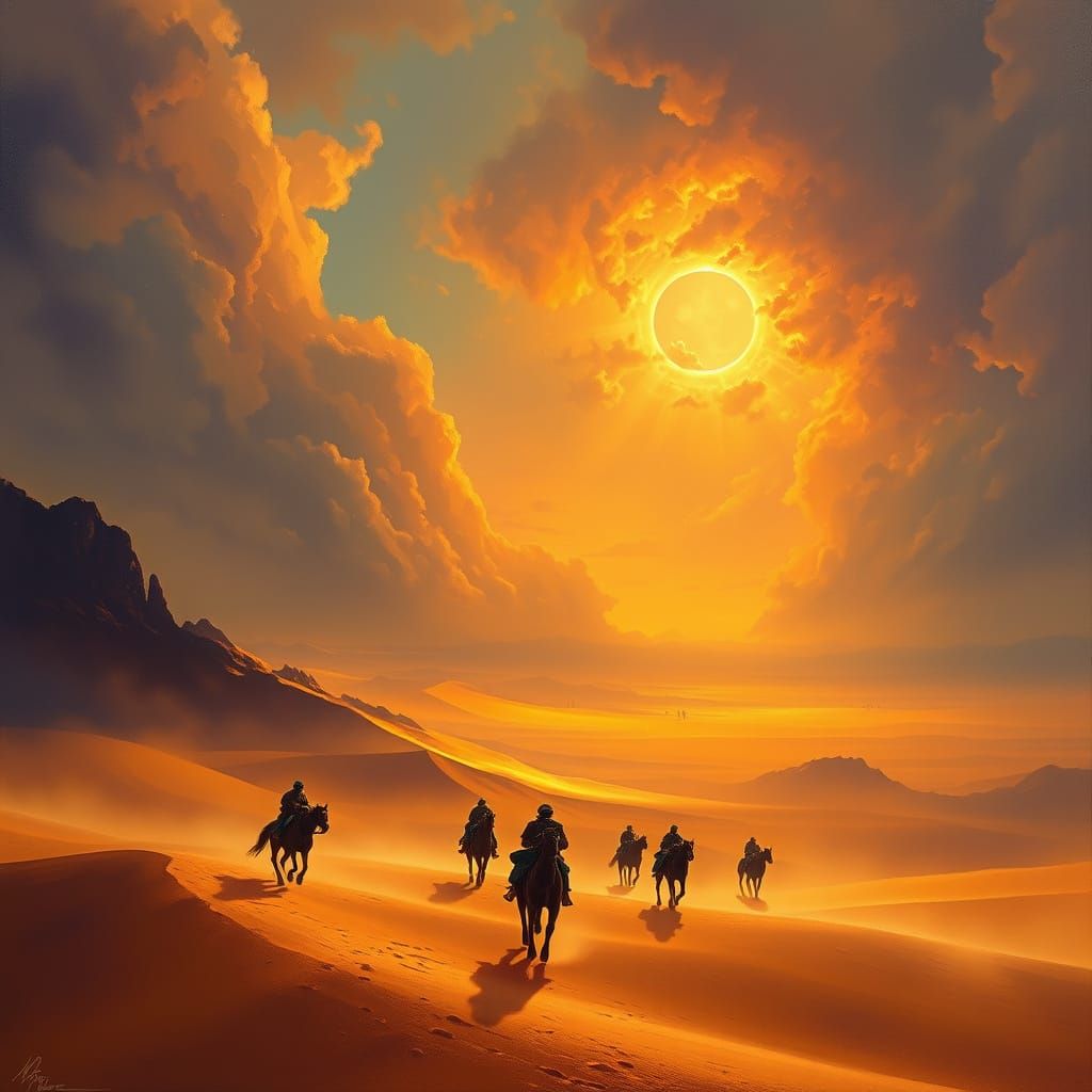 Golden Desert Realism with Majestic Nomad Caravans