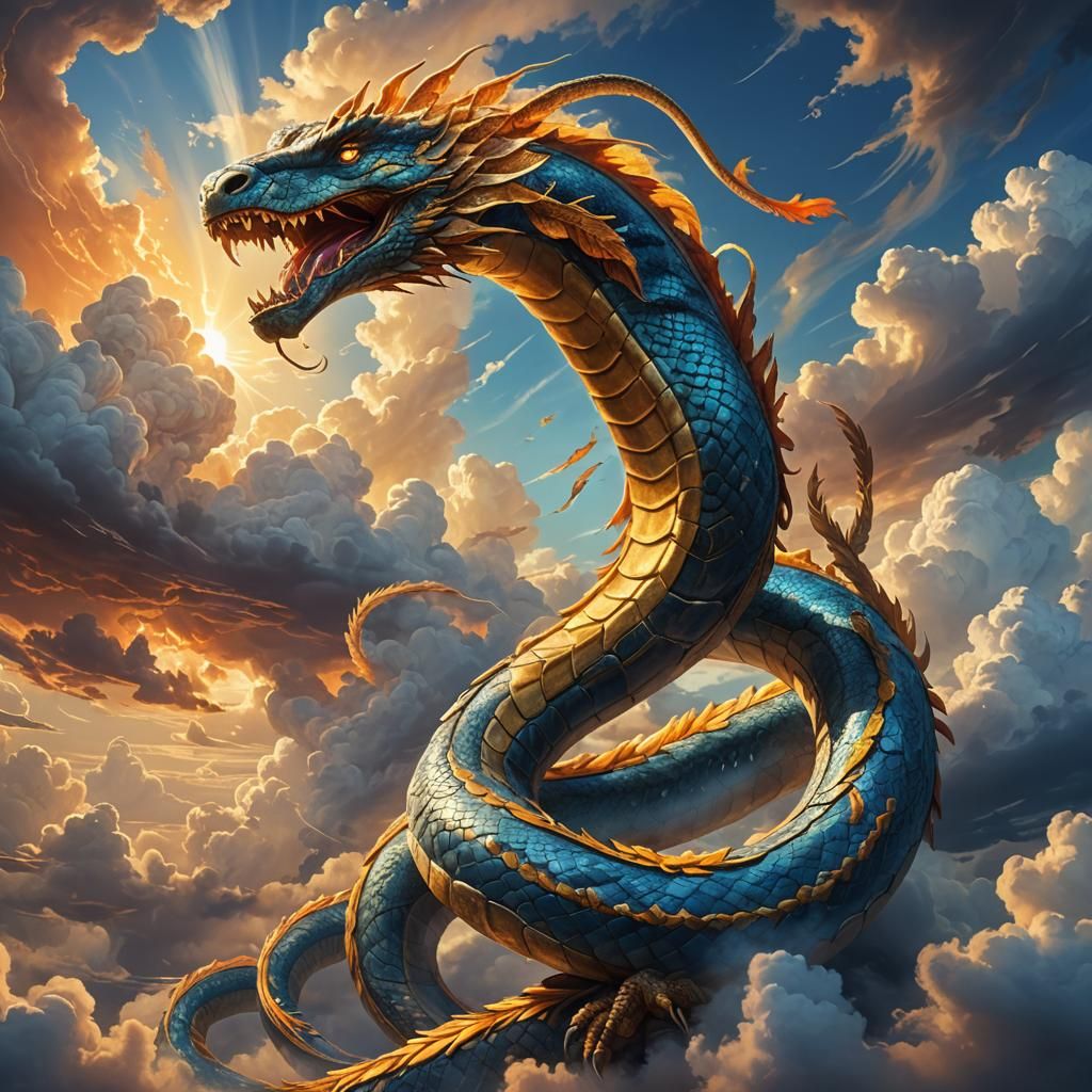 Giant Serpent Ascends Through Golden Clouds