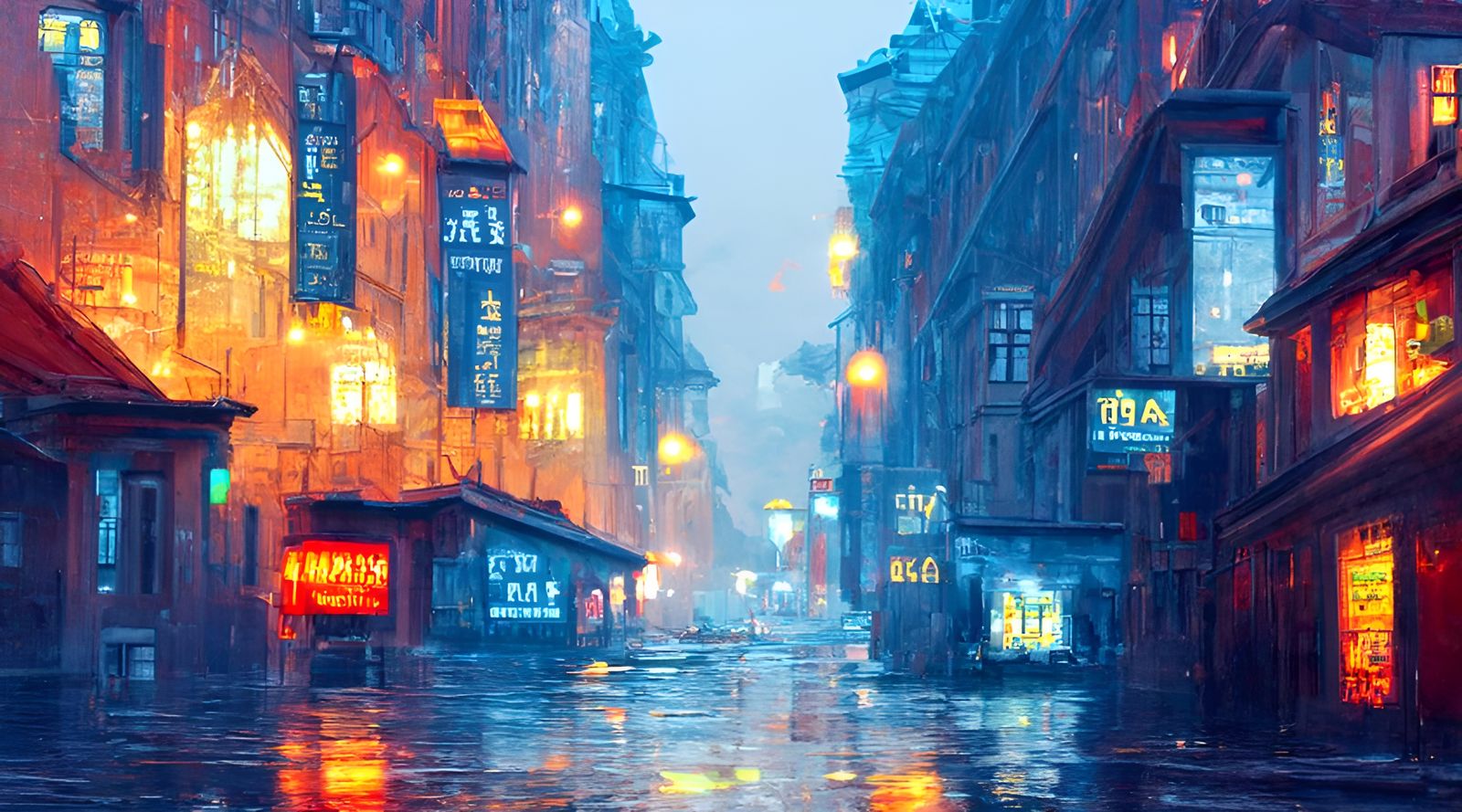 Rainy City Street at Night in Hyperrealistic Style