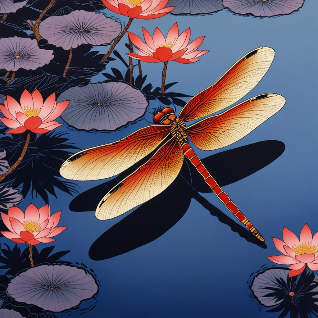 Purple Dragonfly with Vermilion Sparks on Obsidian Pond