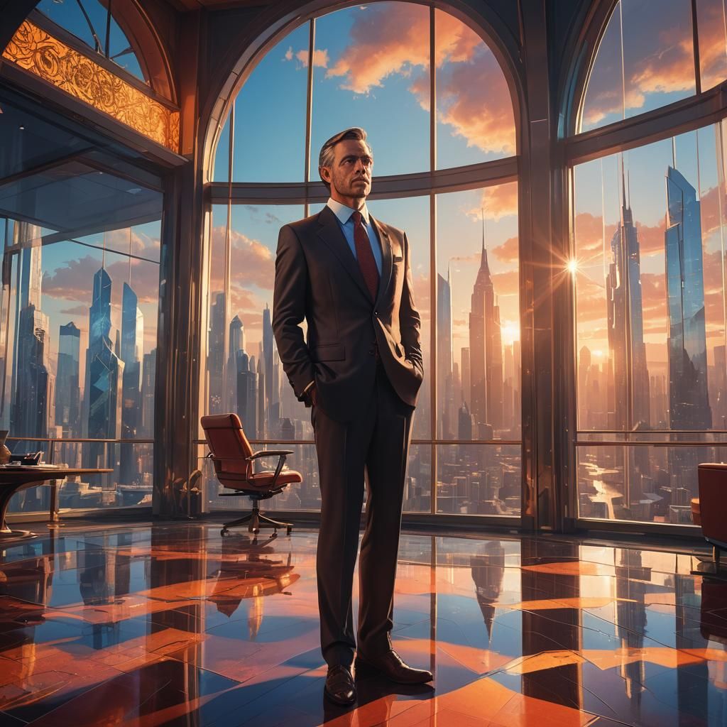 Confident Businessman in Ornate Office, Fantasy Concept Art