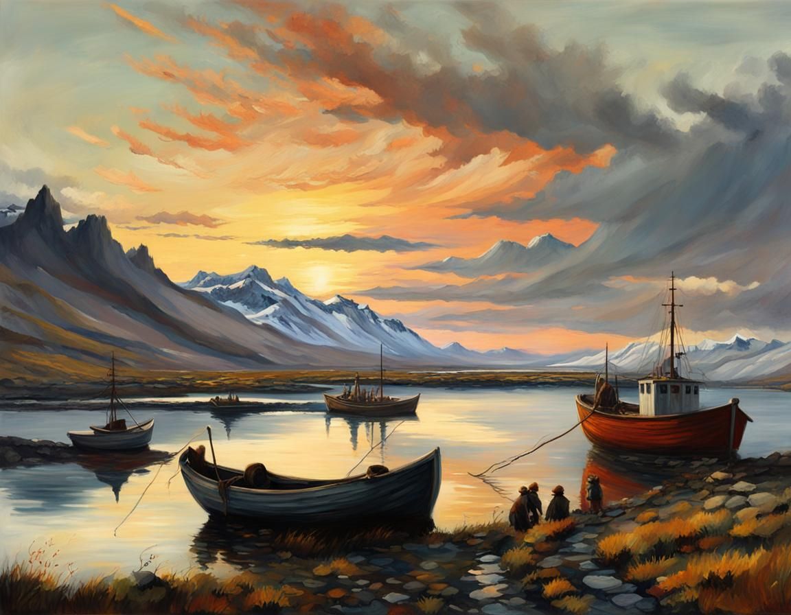 Icelandic Sunset Landscape: An Impressionistic Painting