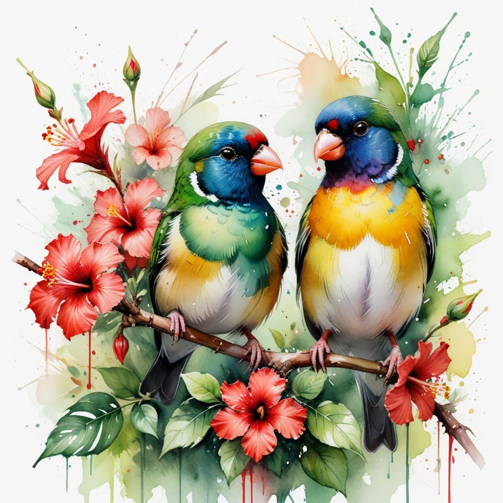 Baby Gouldian Finches in Hibiscus Blooms, Watercolour Art