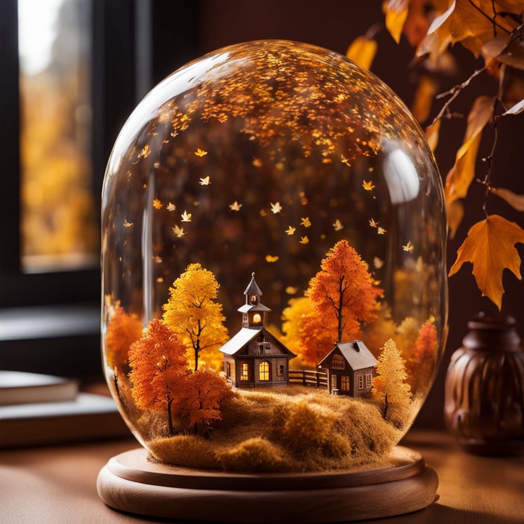 Magical Miniature Autumn World in Wooden Snow Globe