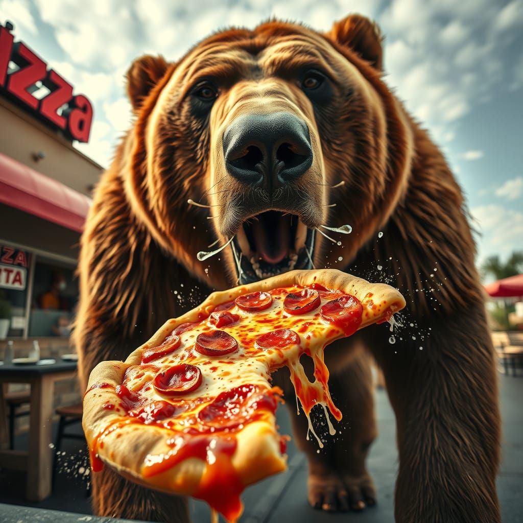 Grizzly Bear Pizza Capture: Hyper-Realistic Action Shot