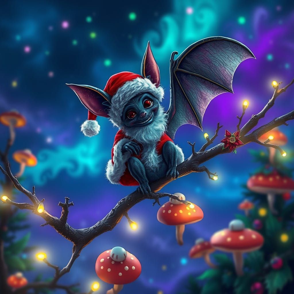 Mystical Vampire Bat in Santa Claus Attire, amidst Whimsical...