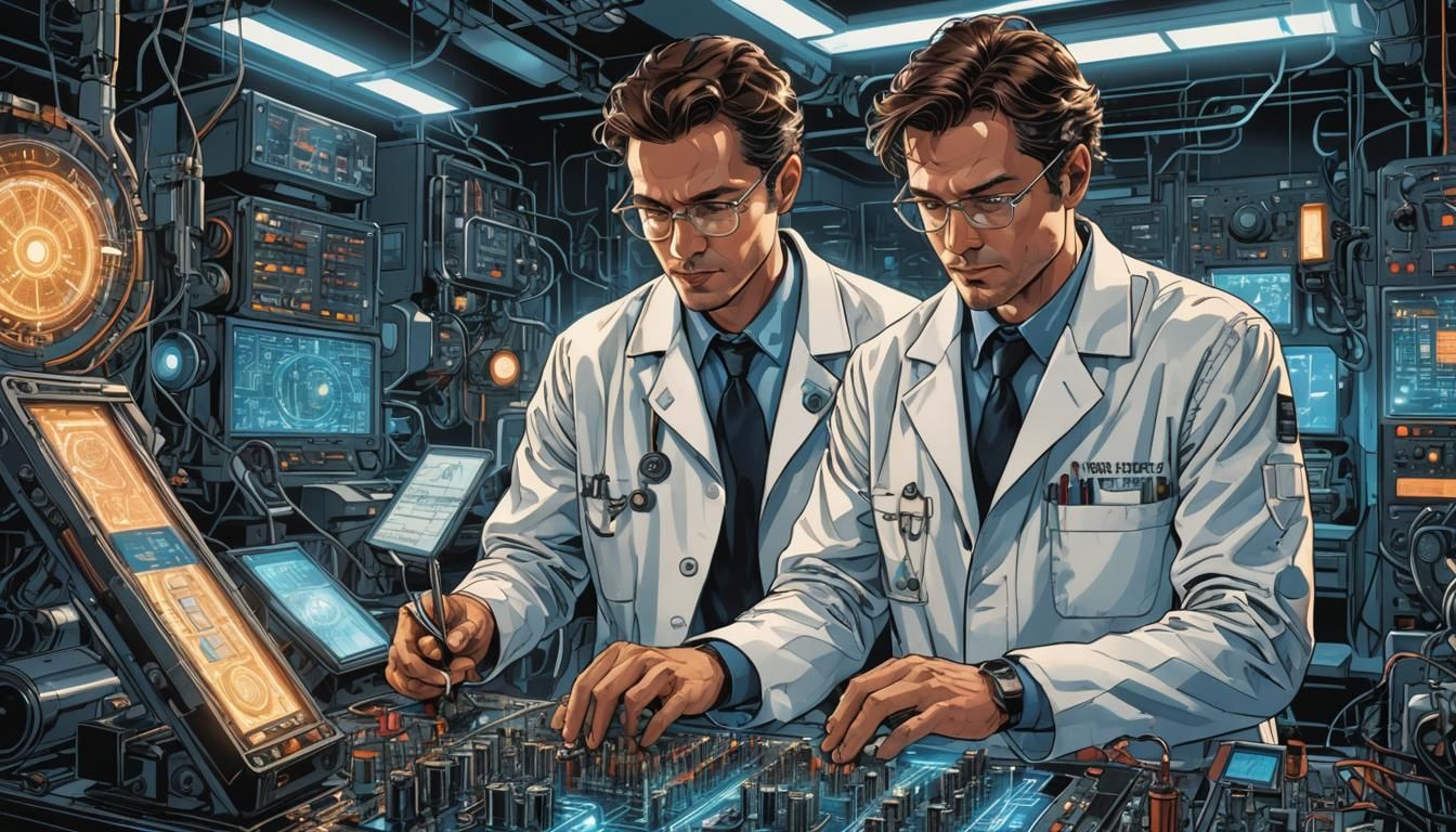 Scientist Examines Quantum Computer in Comic Book Style