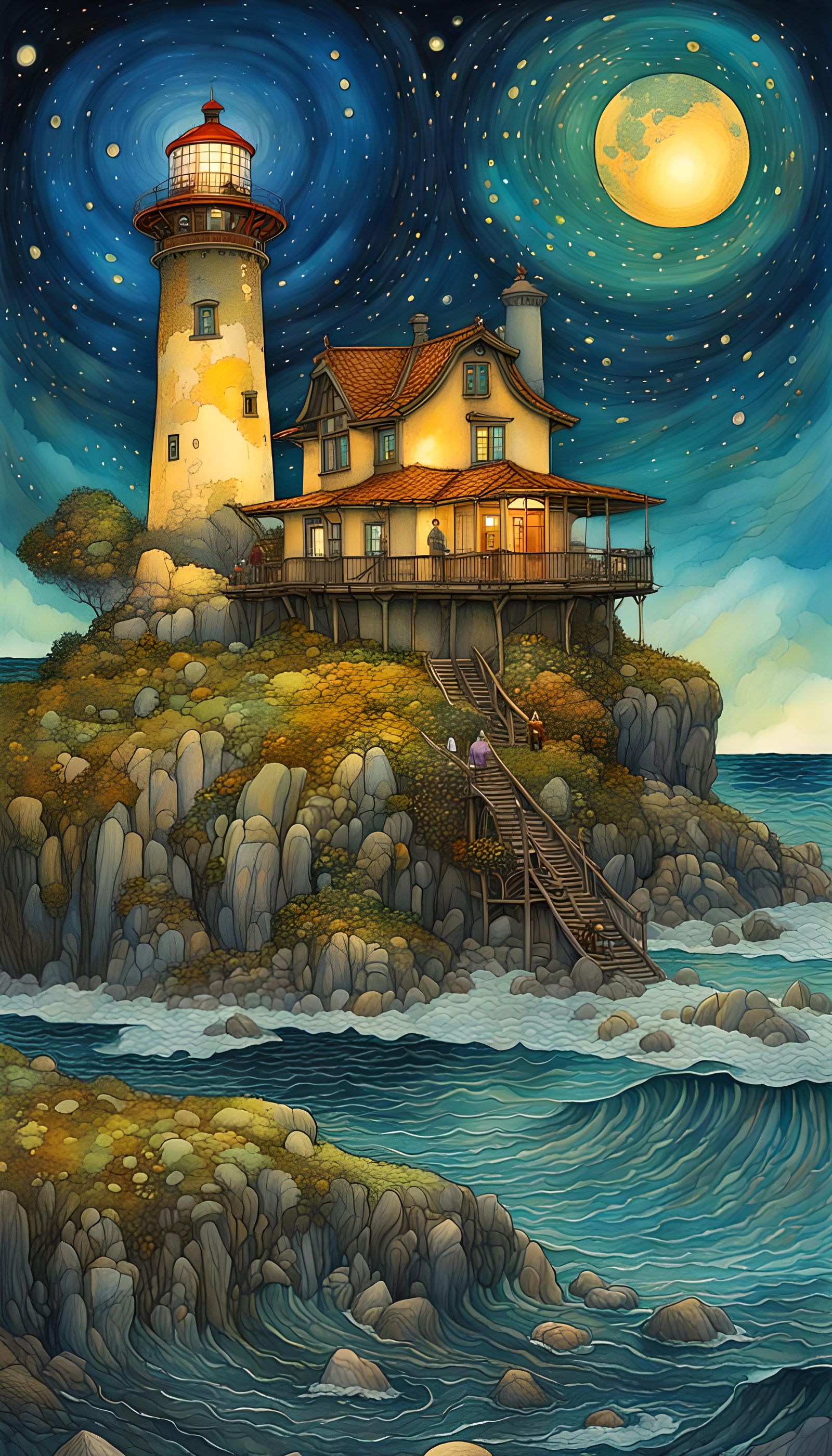 Vitreous Lighthouse Night Scene in Mixed Media