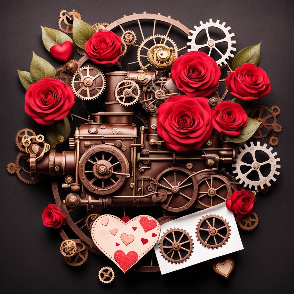 Steampunk Valentine's Day Scene with Engine