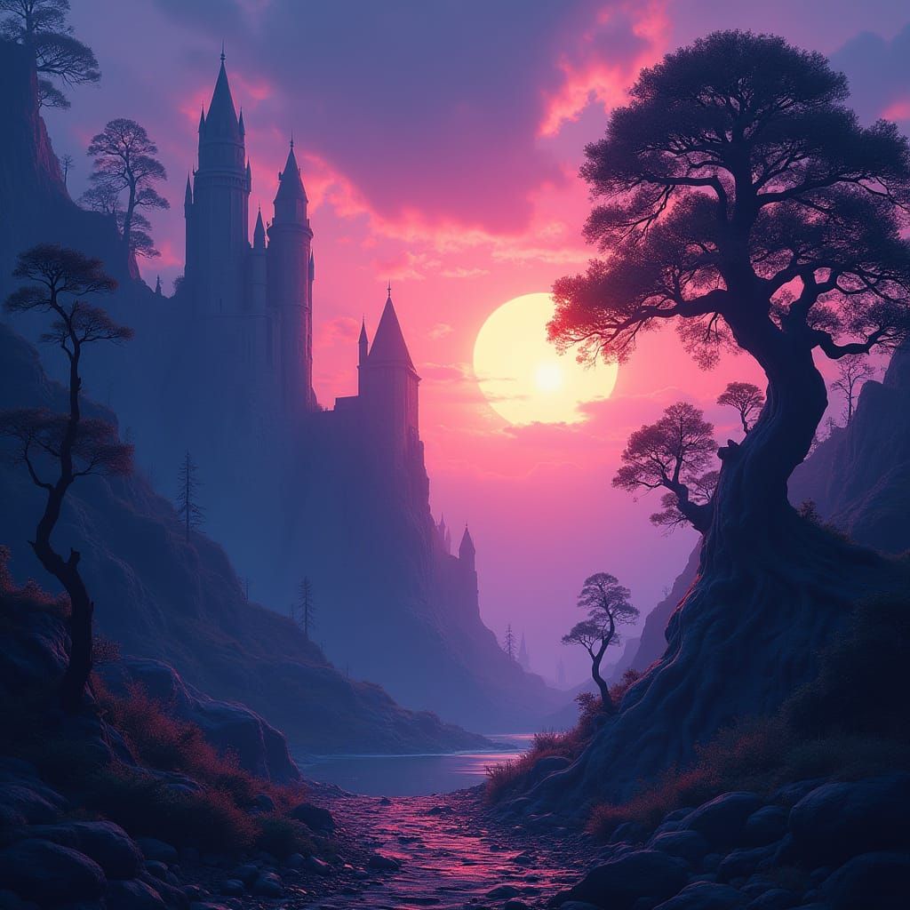 Vibrant Sunset over a Dreamlike Landscape in a Detailed Matt...