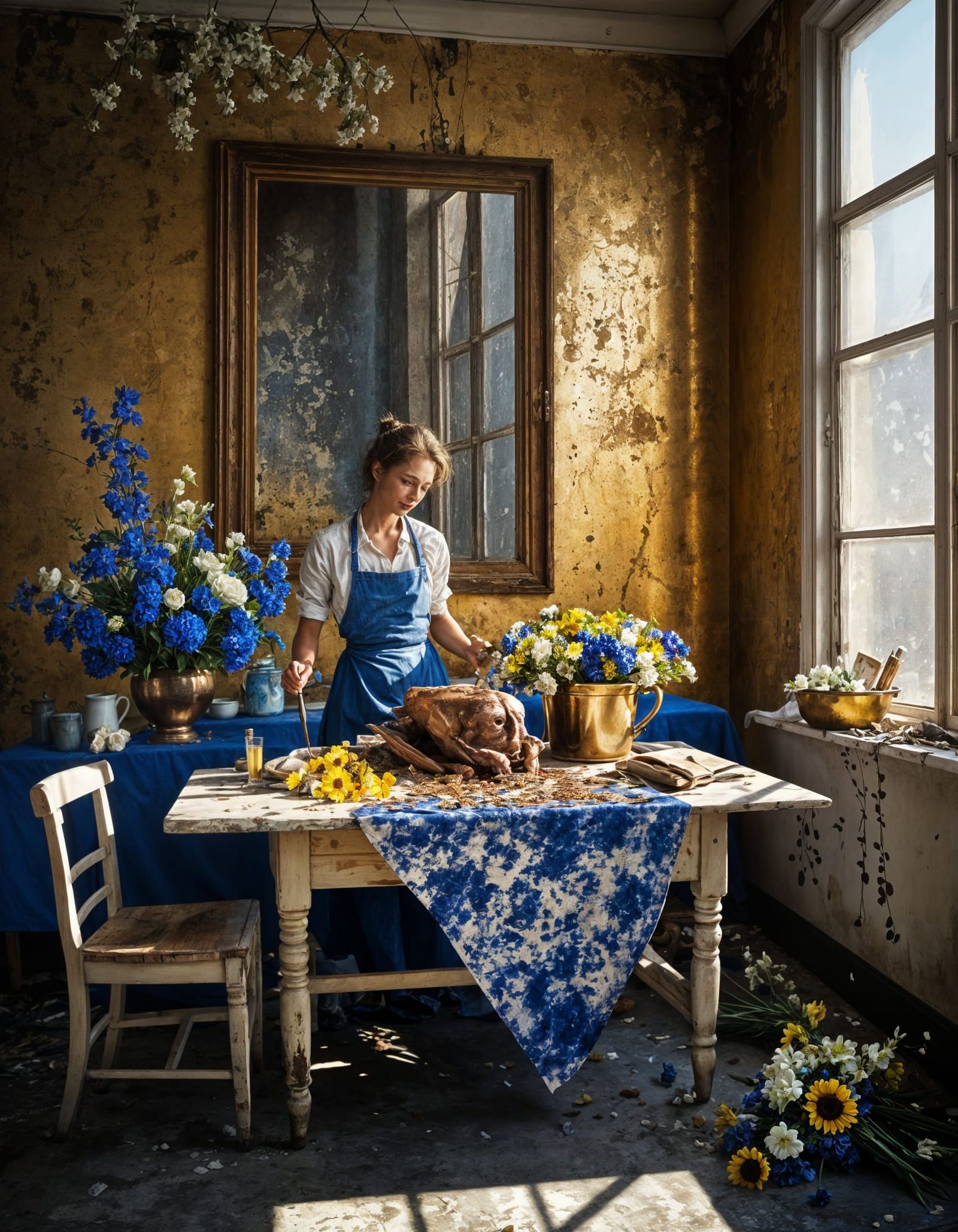 Hyperrealistic Flowers on Butcher Table, Vermeer Style