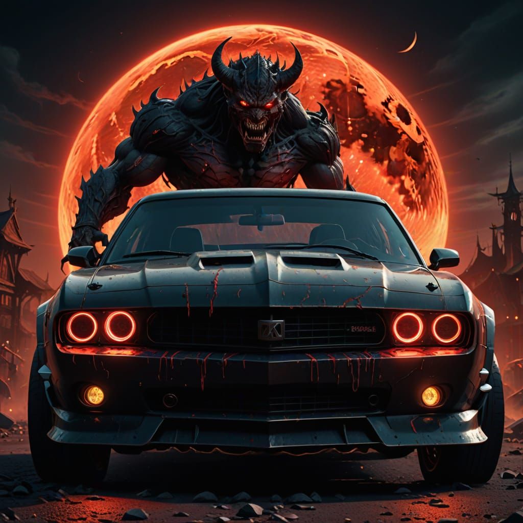 Dark Fantasy Muscle Car with Piercing Red Headlights and Raz...