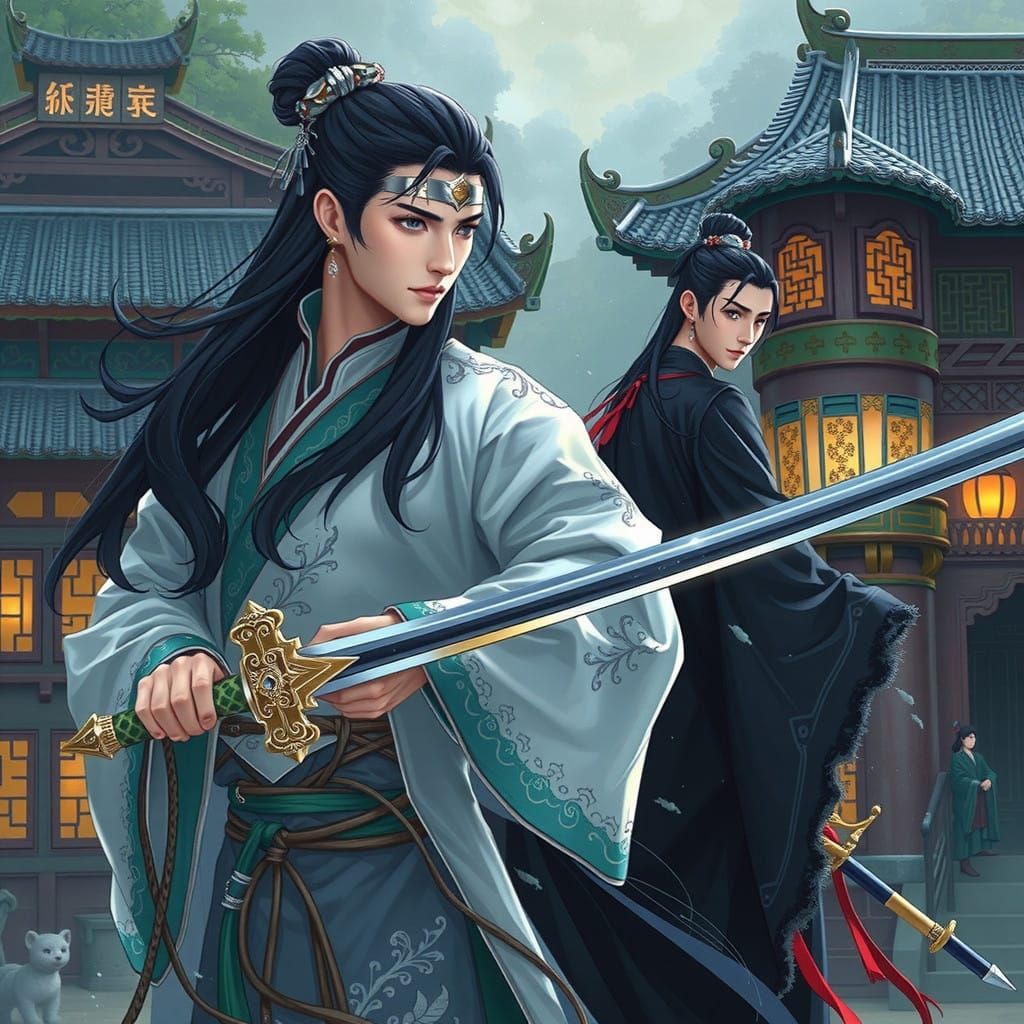 Two Asian Men in Traditional Chinese Attire, Sword, and Sere...