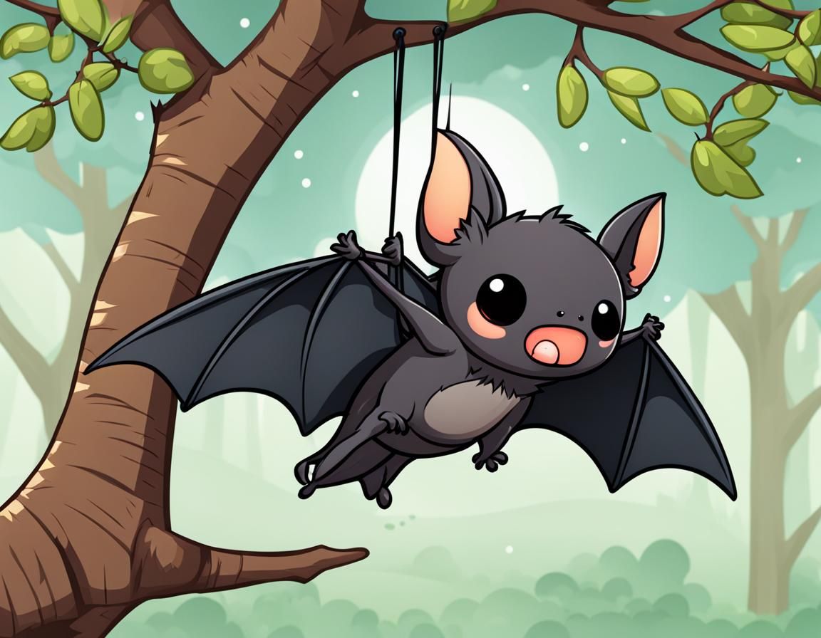 Cute Chibi Bat Hanging Upside-Down on Branch