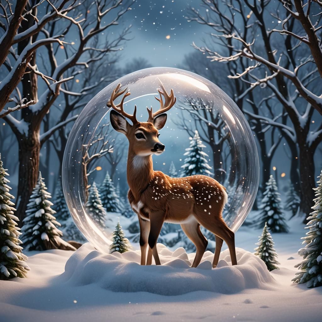 A Bambi-like deer in a winter snow globe