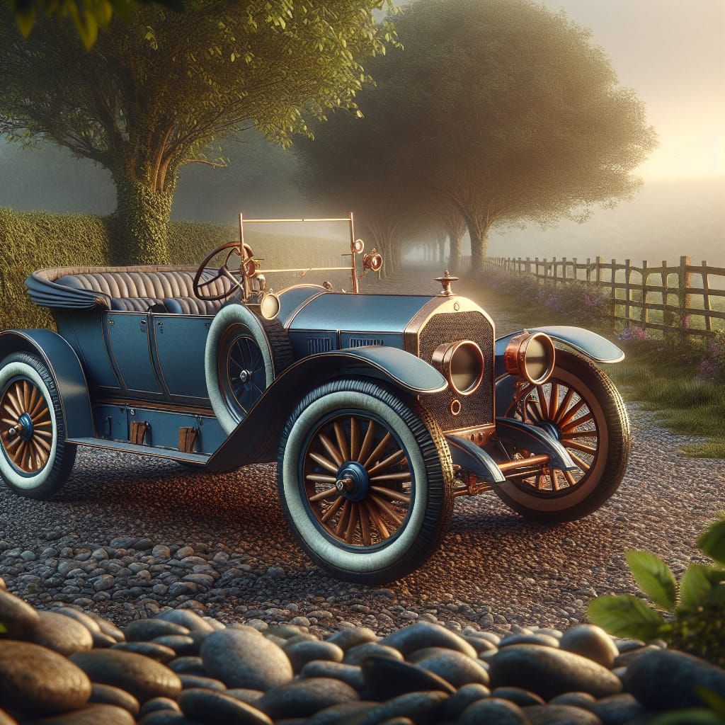 Vintage Car on Pebble Path at Sunset, Hyperrealistic Concept...