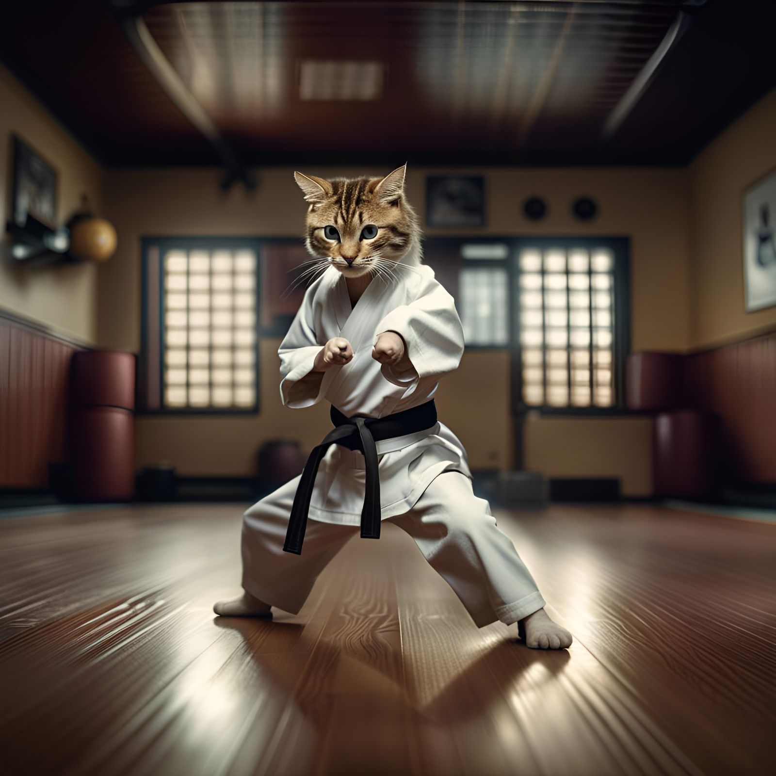 Hyperrealistic Cat Girl Practicing Karate in Dojo