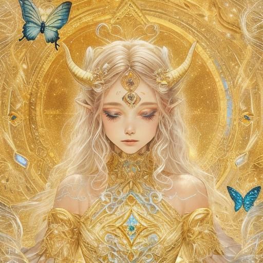 Ethereal Beauty with Horns and Butterflies