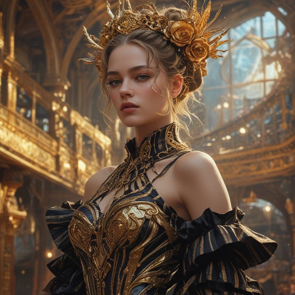 Surreal Goddess in Glittering Gold and Black Striped Gown
