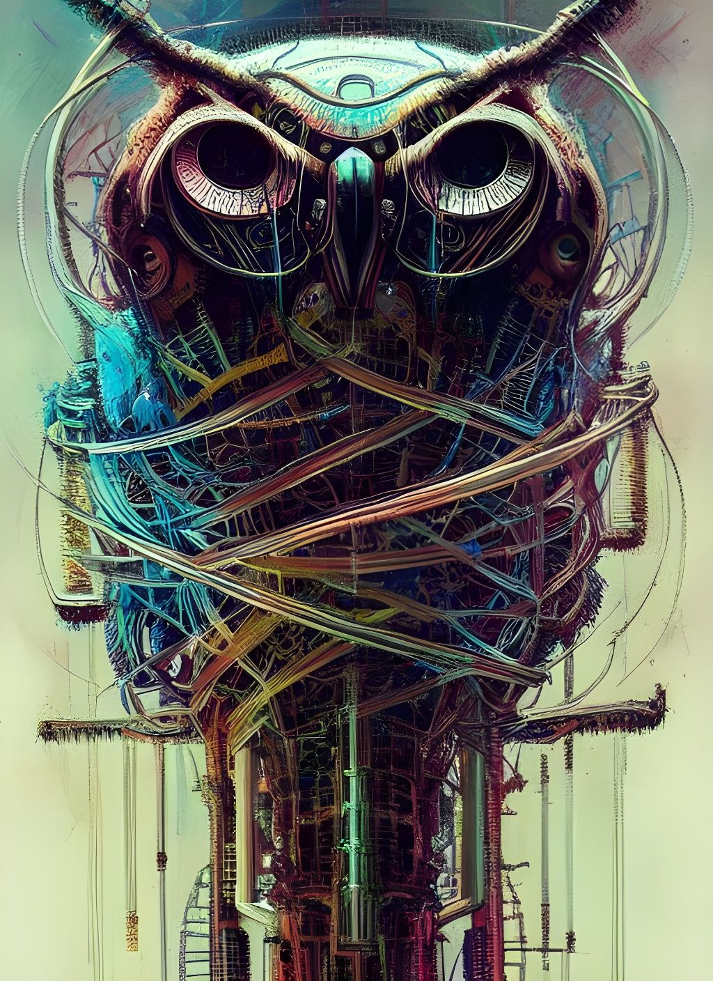 Cybernetic Owl Portrait with Fractal Wiring